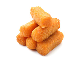 Tasty mozzarella sticks on white background