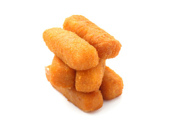 Tasty mozzarella sticks on white background