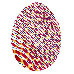 Easter egg with a pattern of blue red and yellow stripes.