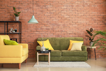 Interior of modern room with brick wall