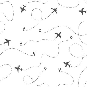 Airplane routes with dotted line, seamless pattern on white background