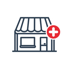 Shop icon with add sign. Shop icon and new, plus, positive symbol