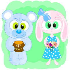cute rabbit and bear cartoon vector illustration 