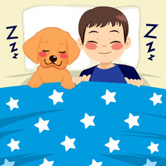 Cute little child and labrador puppy dog sleeping together on bed with starry blue blanket friendship concept