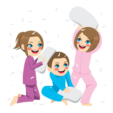 Cute little siblings having fun pillow fight playing Stock Vector | Adobe  Stock