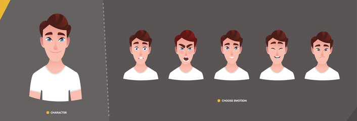 Young cartoon  character man for animation and motion design.  Set emotion faces in cartoon style
