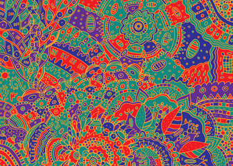 Abstract psychedelic boho tribal colorful doodle background. Cartoon ink graphic artwork. Vector illustration