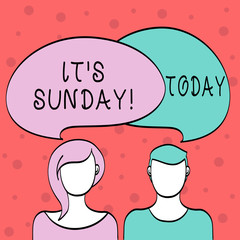 Word writing text It S Sunday. Business photo showcasing day of week between Saturday and Monday rest in most countries Blank Faces of Male and Female with Colorful Blank Speech Bubble Overlaying