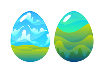 TWo easter eggs with drawing nature on white background