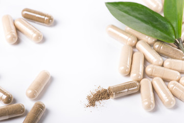 Herd medical pills and capsule with green leaves isolated