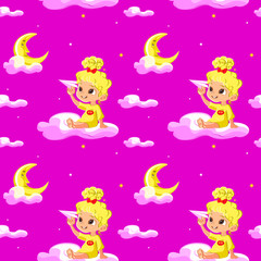 Vector Seamless Pattern for Children with cute moon, night sky , little girl  playing on clouds with a paper airplane. Creative kids texture for fabric, wrapping, textile, wallpaper, apparel. 