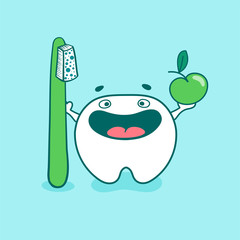 Cute happy tooth character with green toothbrush and apple. Vector illustration in cartoon style.