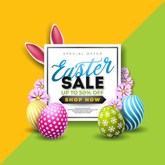 Easter Sale Illustration with Color Painted Egg and Typography Element on Abstract Background. Vector Holiday Design Template for Coupon, Banner, Voucher or Promotional Poster..