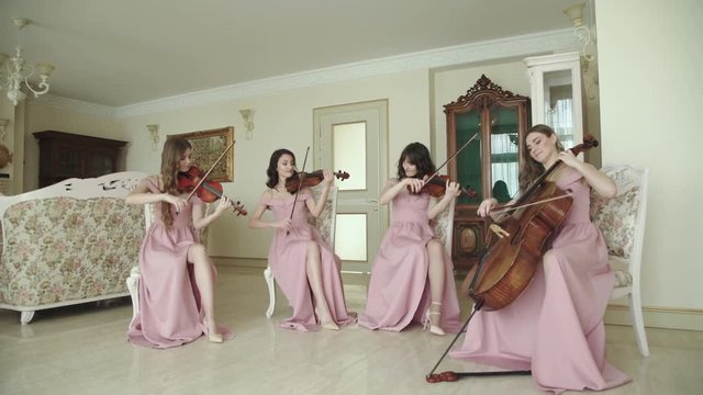 Female quartet play on stringed instruments in a room