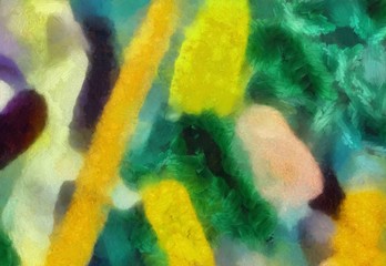 Macro detailed splashes and strokes of oil brush on paper. Simple colorful bright pattern. Old vintage rough texture. HQ design pattern. Shape close up painting.