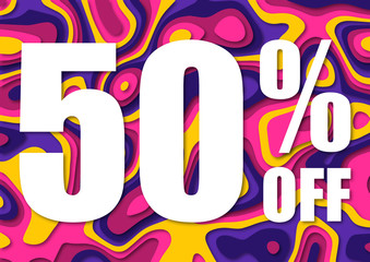 Sale 50 percent off. Paper cut with leaves sale 50% on dark background. Unique selling background for flyer, poster, shopping, for symbol sign, discount, selling, banner