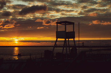 rescue tower on the beach. beautiful sunset
