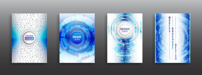 Science and innovation hi-tech background. Flyer design of tech elements. Futuristic business cover layout. Technology modern brochure templates.