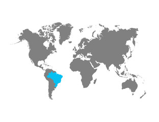 Fototapeta na wymiar Brazil map is highlighted in blue on the world map