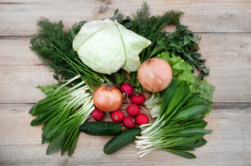 Vegetables, vegan set, on wooden background