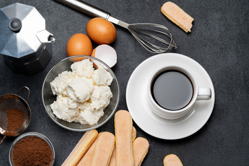 Ingredients for cooking tiramisu - Savoiardi biscuit cookies, mascarpone, cream, sugar, cocoa, coffee and egg