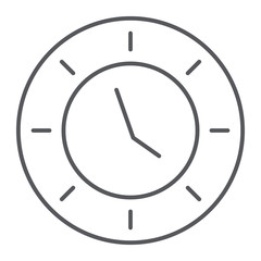 Clock thin line icon, watch and hour, time sign, vector graphics, a linear pattern on a white background.