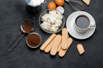 Ingredients for cooking tiramisu - Savoiardi biscuit cookies, mascarpone, cream, sugar, cocoa, coffee and egg