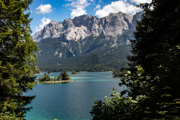 Naklejka na ściany i meble Eibsee lake at the foot of Mt. Zugspitze. Location famous resort Garmisch-Partenkirchen, Bavarian alp, Europe. Scenic image