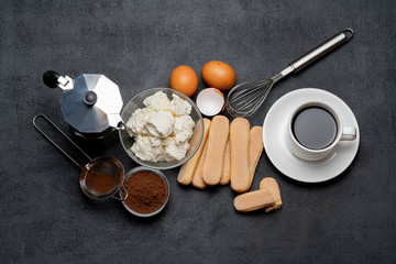 Ingredients for cooking tiramisu - Savoiardi biscuit cookies, mascarpone, cream, sugar, cocoa, coffee and egg