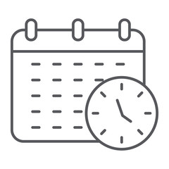 Deadline thin line icon, organizer and plan, calendar and clock sign, vector graphics, a linear pattern on a white background.