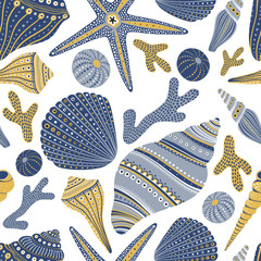 Seamless pattern with seashells and starfish