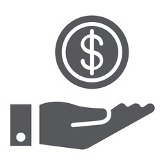 Funding glyph icon, finance and banking, money in hand sign, vector graphics, a solid pattern on a white background.