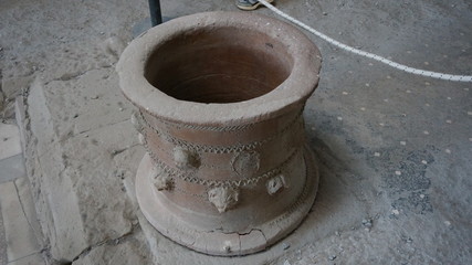 Archaeological ruin of ancient Roman city, Pompeii, was destroyed by Eruption of Vesuvius, volcano nearby city in Pompeii, Campania region, Italy. Ancient stone oven in historical site of Pompeii.