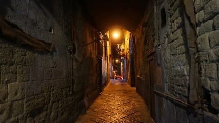 Night view of the buildings alleys, side streets, in historical center of, NAPLES, ITALY