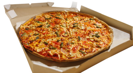 Round huge pizza in carton on white background