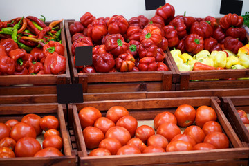 Tomatoes, peppers, eggplants, cabbage, cucumbers and greens in boxes on a shelf in a vegetable store
