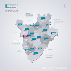 Burundi vector map with infographic elements, pointer marks.