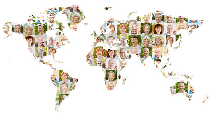 Senioren Portrait Collage auf Welt Karte