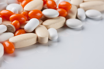 Pills background with copy space, close up, different pills