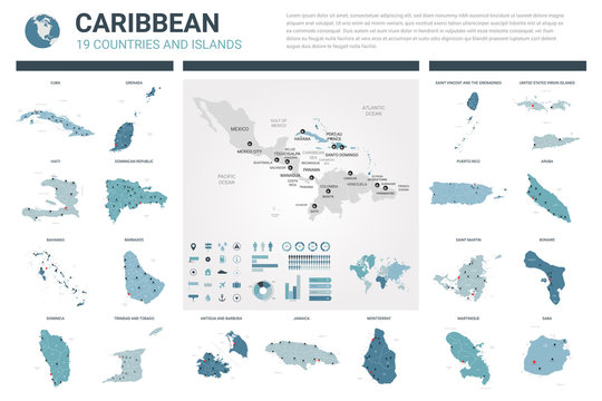 Vector maps set.  High detailed 19 maps of Caribbean countries with administrative division and cities. Political map, map of Caribbean region, world map, globe, infographic elements.