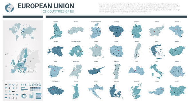 Vector maps set.  High detailed 28 maps of European Union countries (member states) with administrative division and cities. Political map, map of Europe , world map, globe, infographic elements.