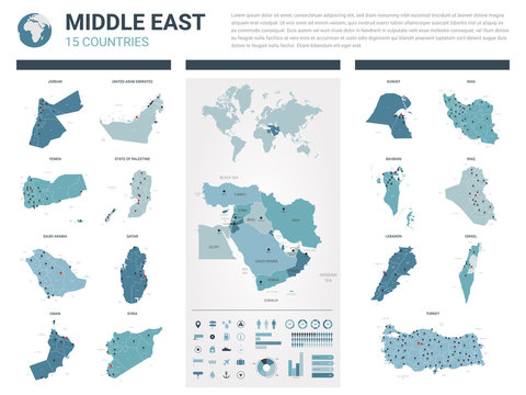 Vector maps set.  High detailed 15 maps of Middle East  countries with administrative division and cities. Political map, map of  Middle East region, world map, globe, infographic elements.