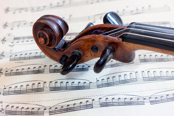 Naklejka premium Оld violin head on the background of sheet music. Close up view.