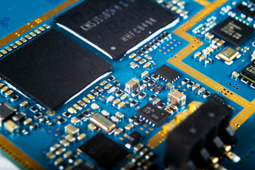 Macro shot of Circuit board with resistors microchips and electronic components. Computer hardware technology. Integrated communication processor. Information engineering. Semiconductor. PCB. Closeup