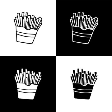 Cute cartoon hand drawn french fries illustration set for web sites and apps. Sweet vector black and white french fries illustration set. Isolated monochrome doodle french fries illustration set.