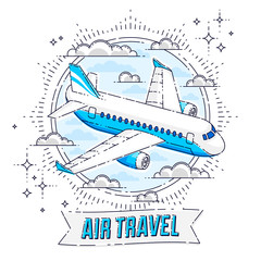 Plane airliner with round shape and ribbon with typing, airlines air travel emblem or illustration. Beautiful thin line vector isolated over white background.