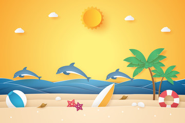 Fototapeta na wymiar Summer time , sea and beach with dolphins and stuff , paper art style