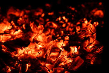 Hot coals in fireplace, fire background, close-up. Red warm background.