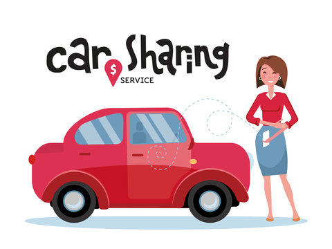 Woman requesting ride on cell phone. Rent a car using mobile app. Online lettering carshering concept.Small cute red car on white background with geolocation sign.Vector flat cartoon illustration
