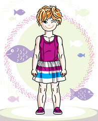 Happy little redhead girl posing on marine background with fishes and wearing fashionable casual clothes. Vector character.